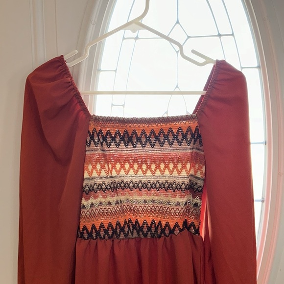 SHEIN Midi Embroidered Smocked Rust Dress Womens Size S US 4/EU 36 - Picture 3 of 5